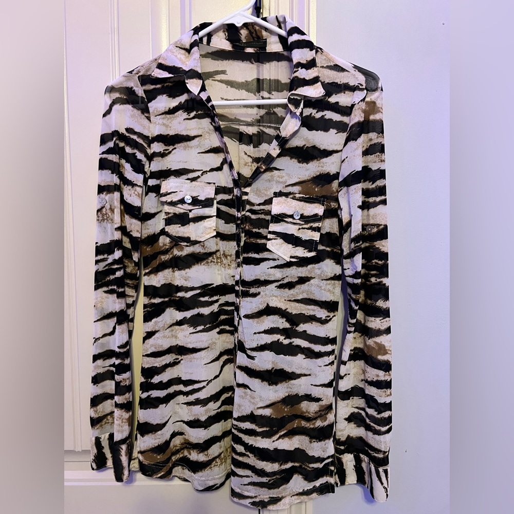 KLD signature animal print mesh button up shirt size M medium